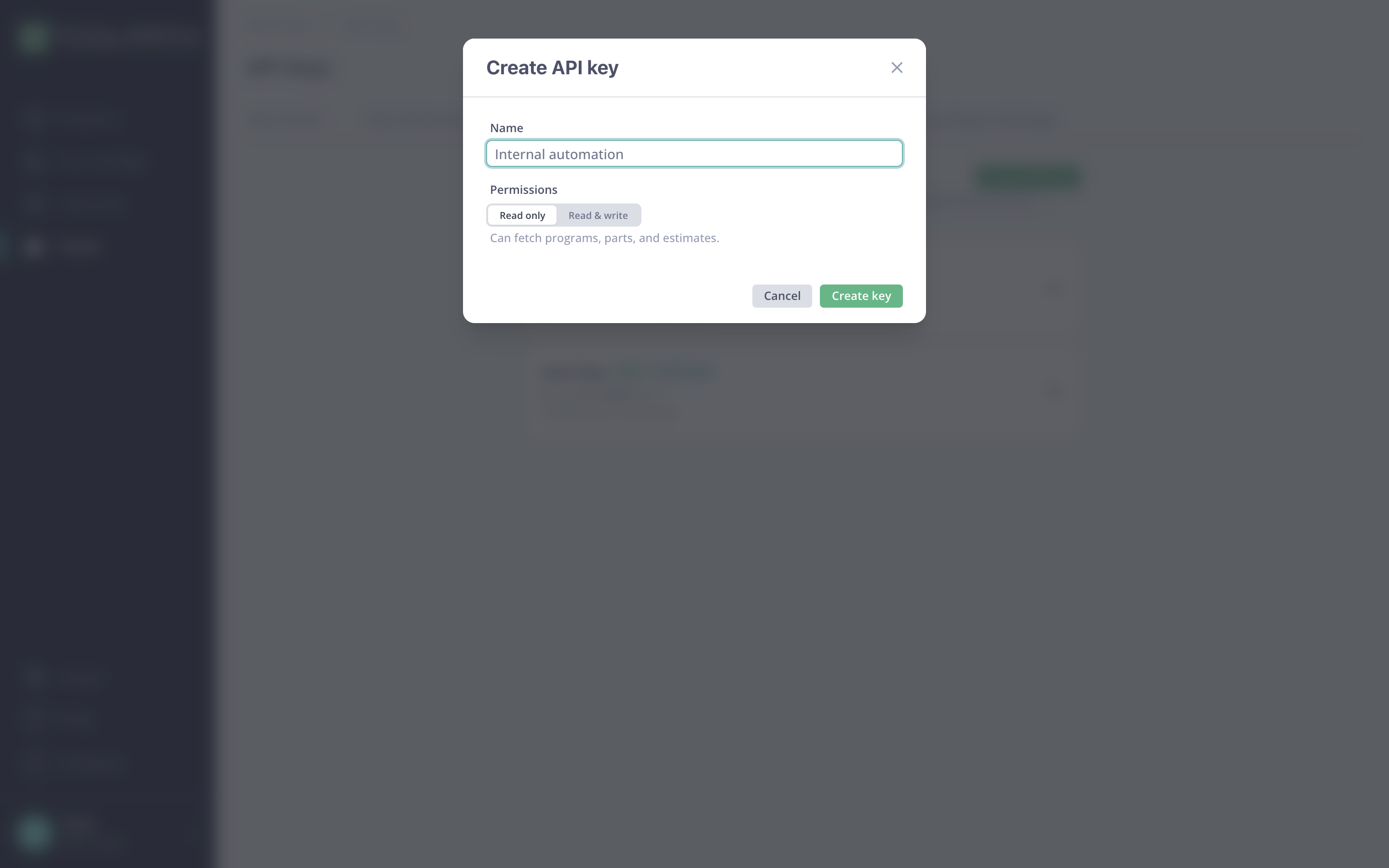 The Create API key dialog, with the scope chosen via the Read only / Read & write toggle