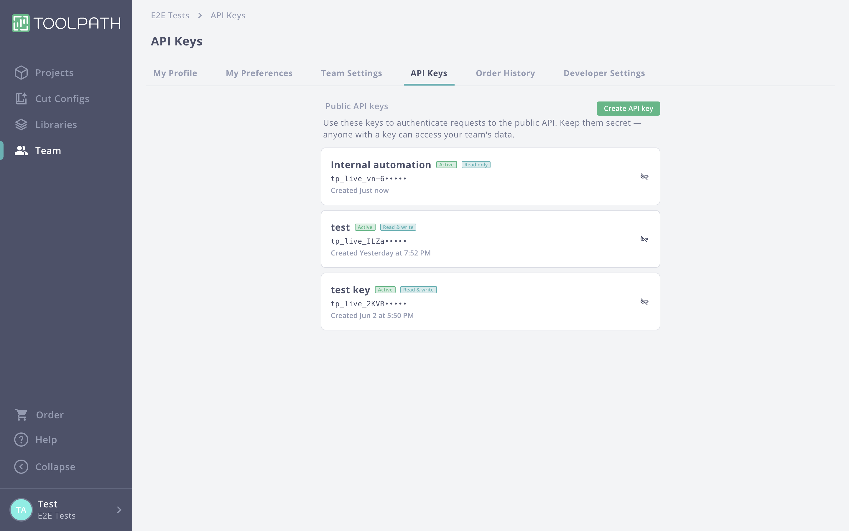 The API Keys tab in Toolpath team settings, showing the team's keys and the Create API key button