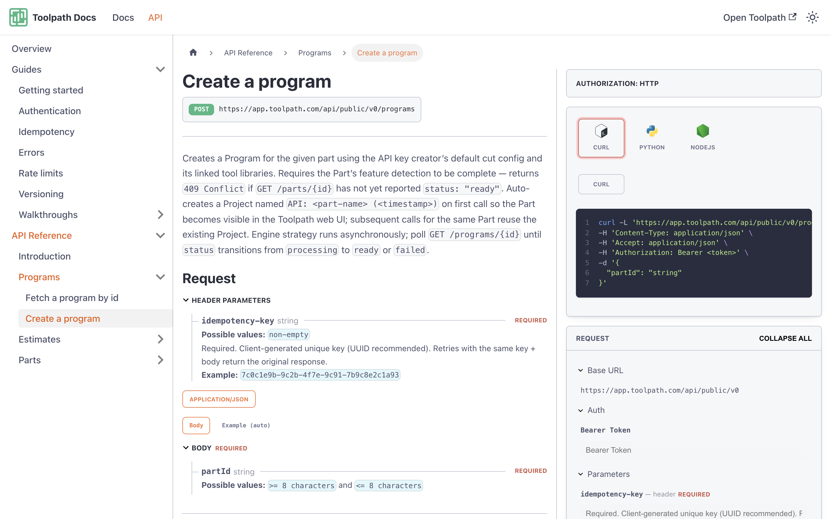 An endpoint page in the API Reference, showing parameters, status codes, and the request builder